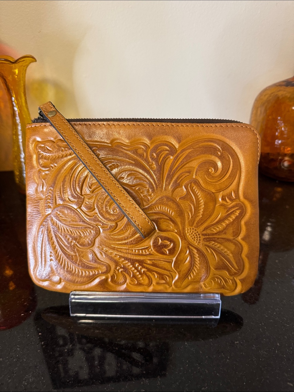 Patricia Nash Tan Tooled Leather Wristlet Clutch